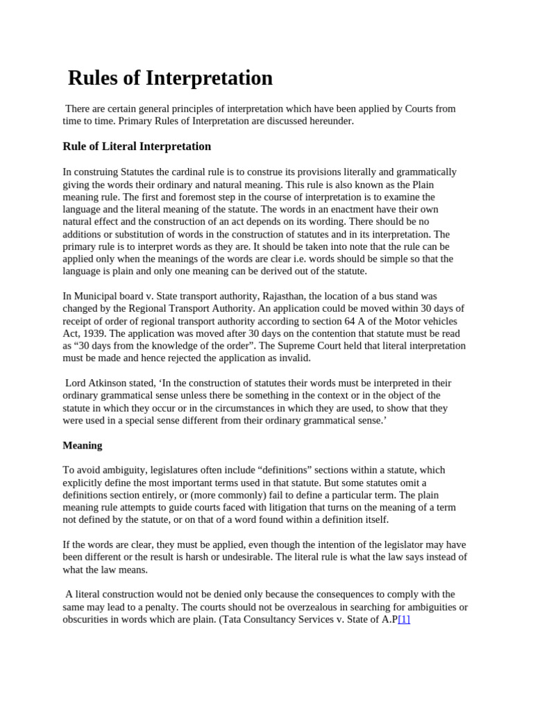 Rules of Interpretation | PDF | Plain Meaning Rule | Statutory ...