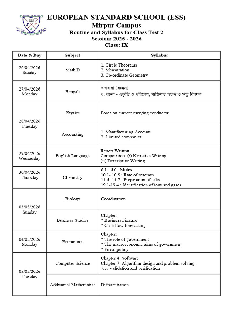 Class IX Exam Routine CT 2 | PDF