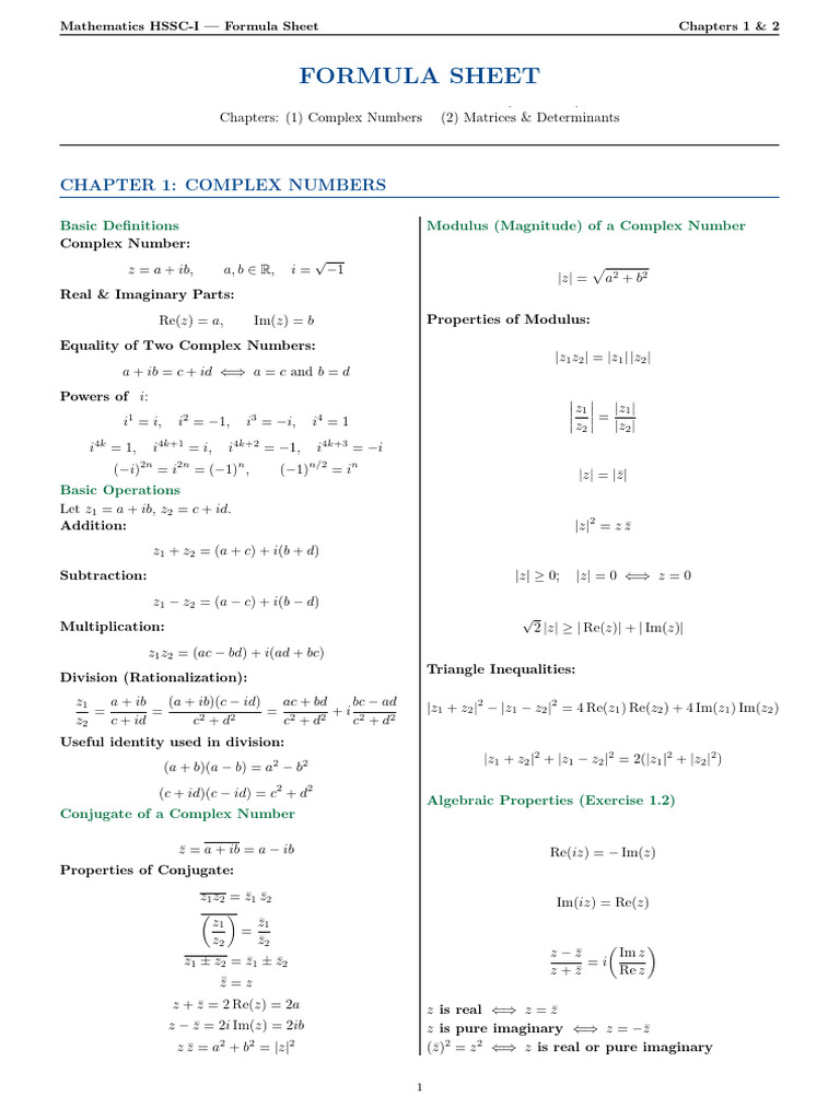 Math HSSC I Formulas | PDF | Matrix (Mathematics) | Complex Number