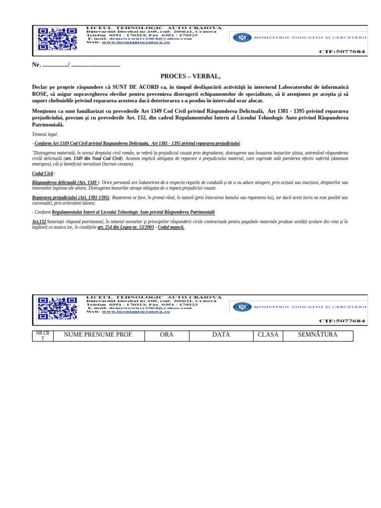 Proces Verbal Acces Laborator Informatica Rose | PDF