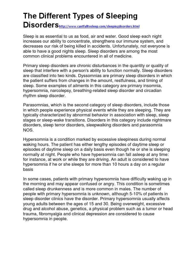 The Different Types of Sleeping Disorders PDF Sleep Disorder Sleep