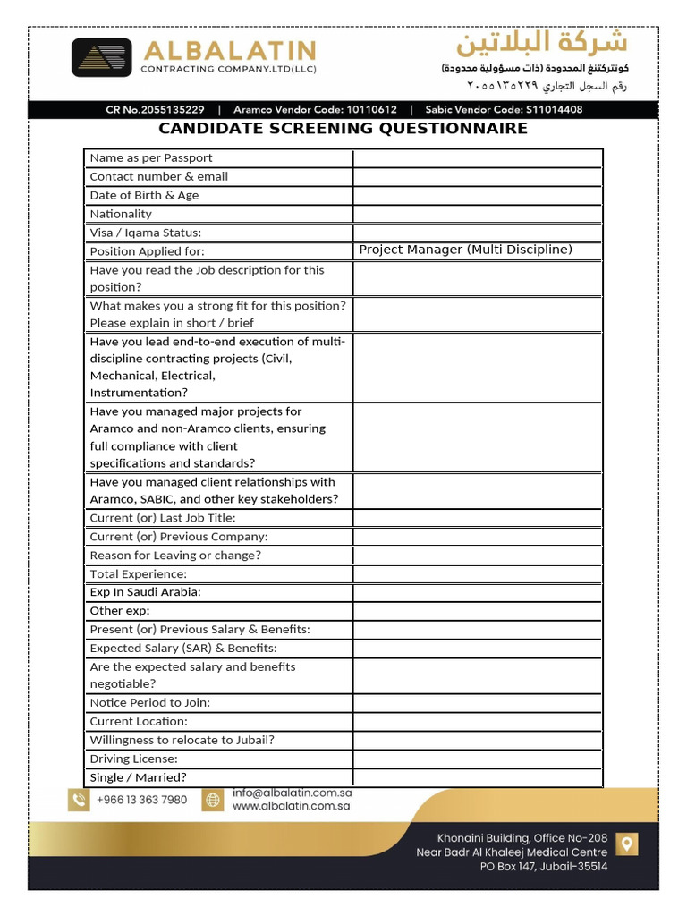 Candidate Screening Questionnaire | PDF