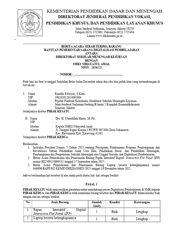 Format BAST PPK Dengan Sekolah | PDF