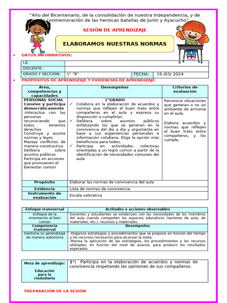 1º u1 s1 Sesion d1 Ps Normas de Conivencia | PDF | Aprendizaje | Salón ...