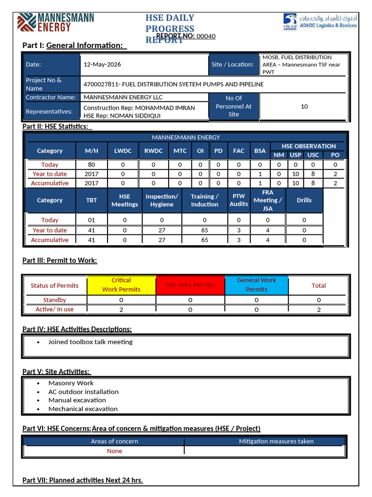 Contractor HSE Daily Progress Report 12 MAY 2026 | PDF