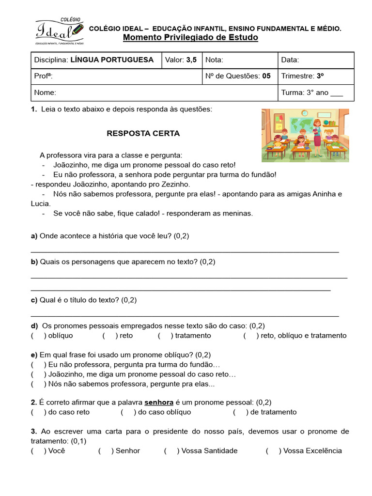 Avaliação de Português 3º Tri 1 | PDF | Pronome | Linguística