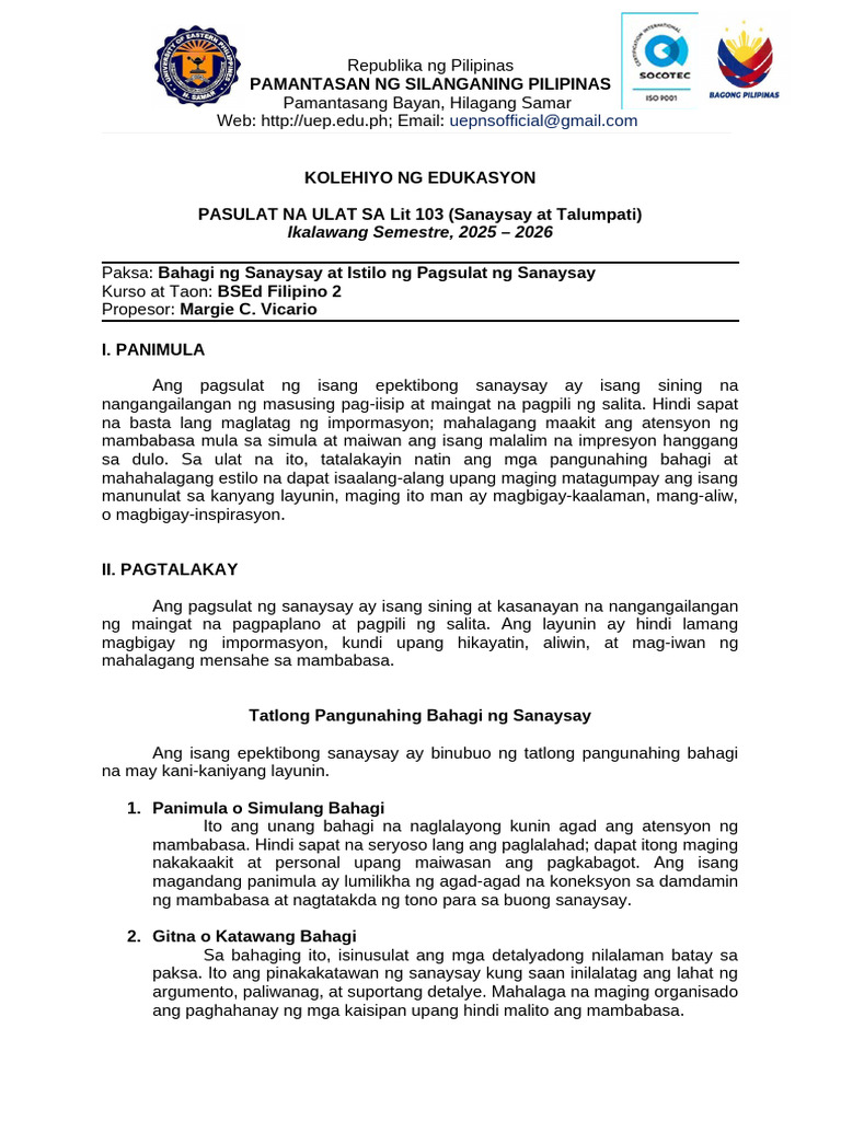 Bahagi Ng Sanaysay at Istilo Ng Pagsulat Ng Sanaysay | PDF