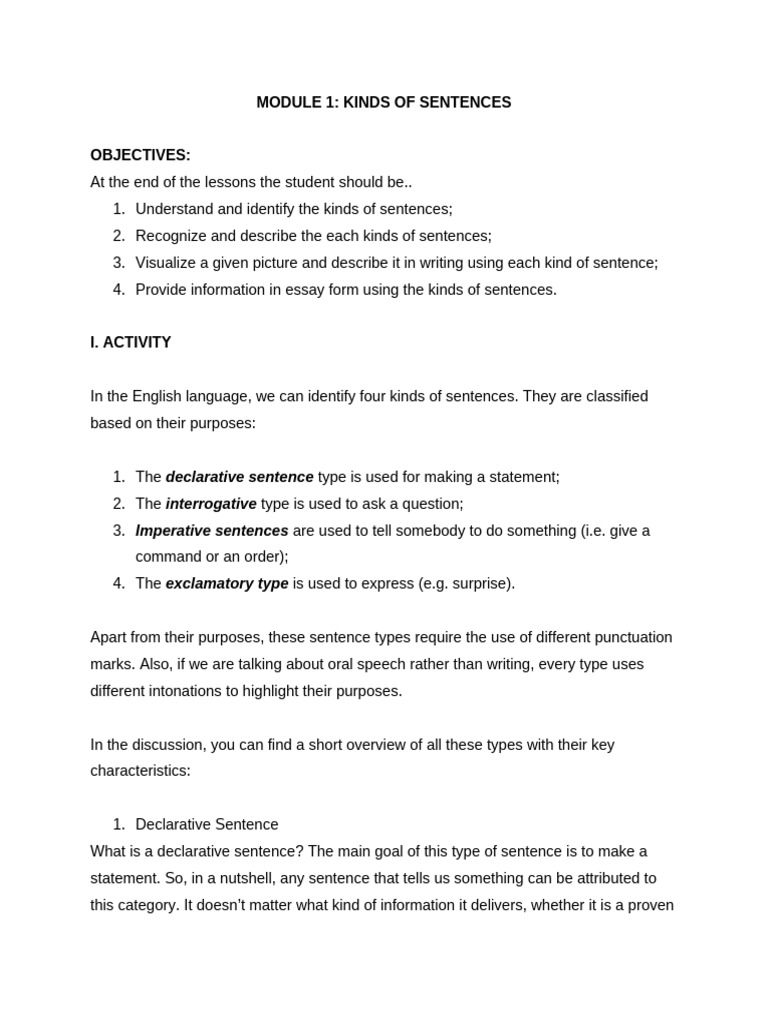 Module 1 - Kinds of Sentences | PDF | Sentence (Linguistics) | Verb