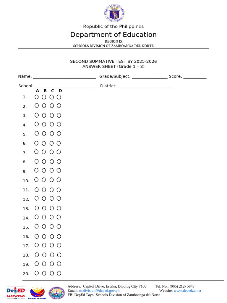 Answer Sheet First Summative Test (5) New | PDF