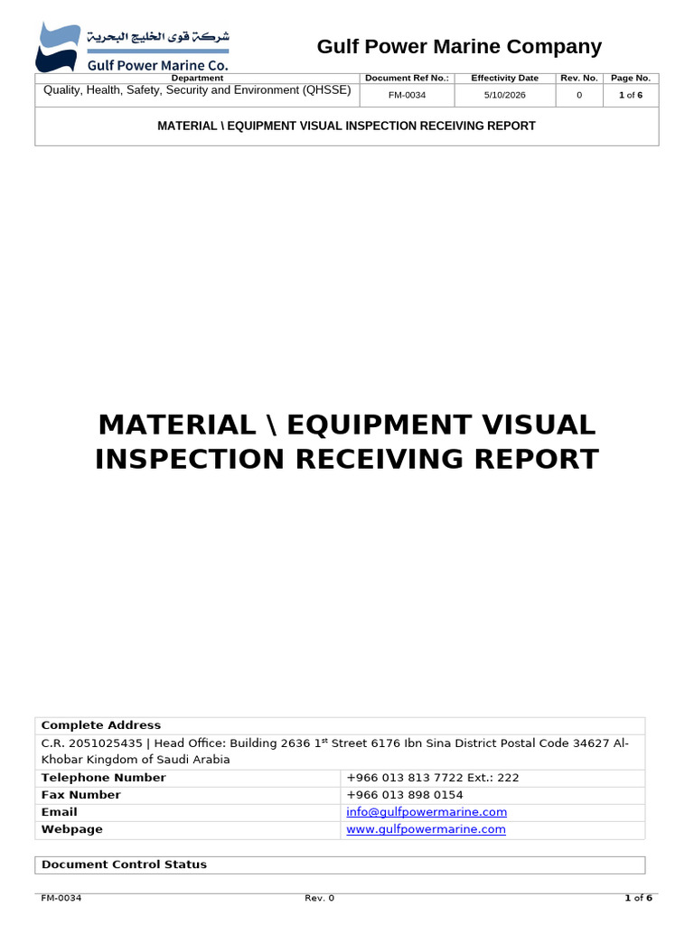 Fm-0034 Material, Equipment Visual Inspection Receiving Report | PDF
