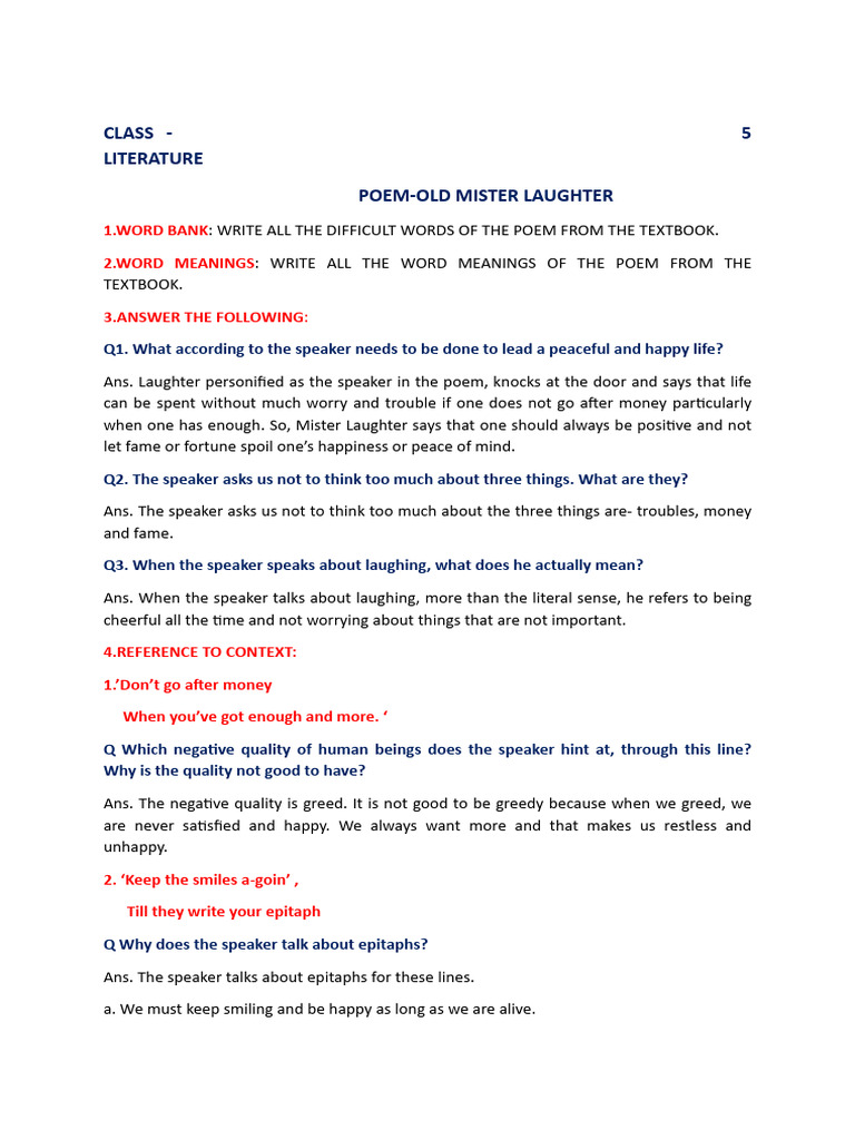 Class-5 Poem Old Mister Laughter | PDF