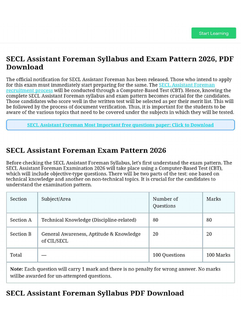 SECL Assistant Foreman Syllabus and Exam Pattern 2026, PDF Download | PDF