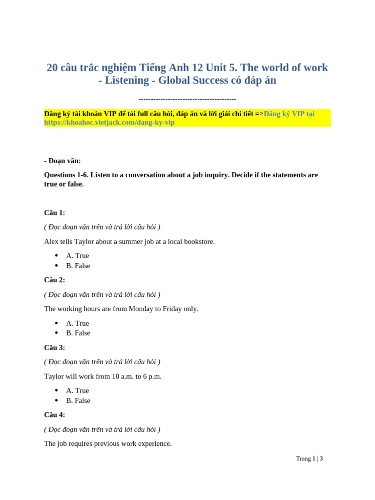 20 Cau Trac Nghiem Tieng Anh 12 Unit 5 the World of Work Listening ...