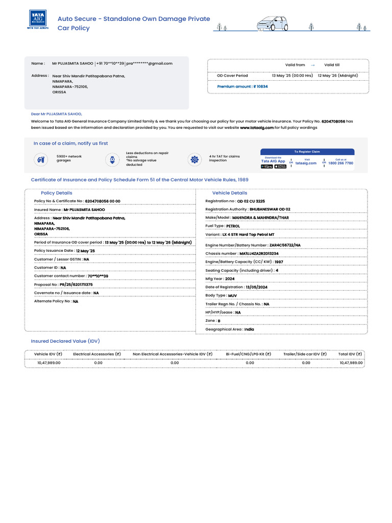 Auto Secure - Standalone Own Damage Private Car Policy: in Case of A ...