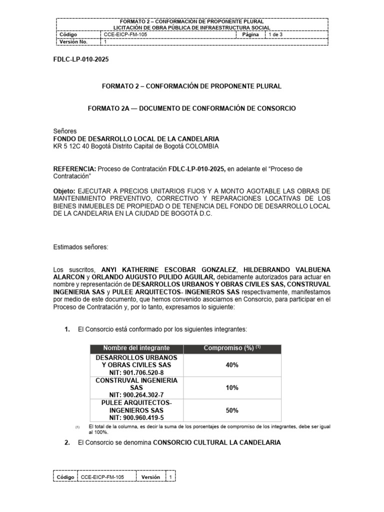 Formato 2 - Conformacion de Proponente Plural CCE-EICP-FM-105 | PDF
