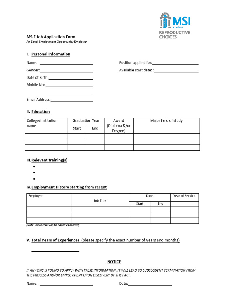 MSIE Job Application Form 1 | PDF