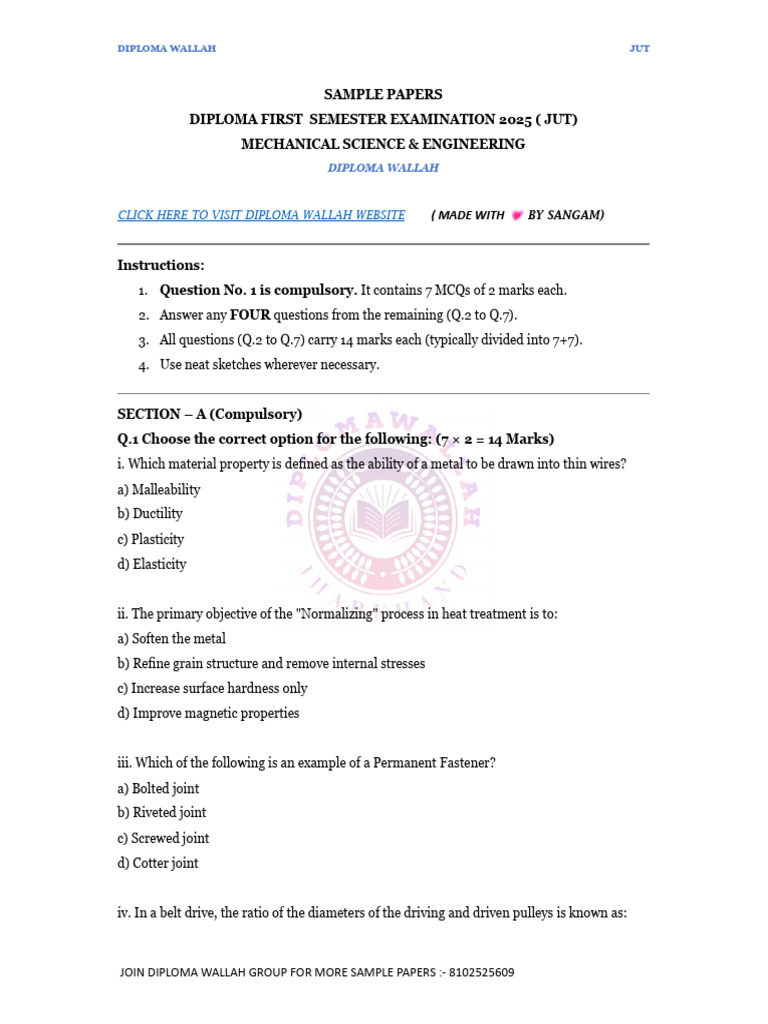 Mse_sample_paper 1 (Diploma Wallah) | PDF | Gear | Ductility