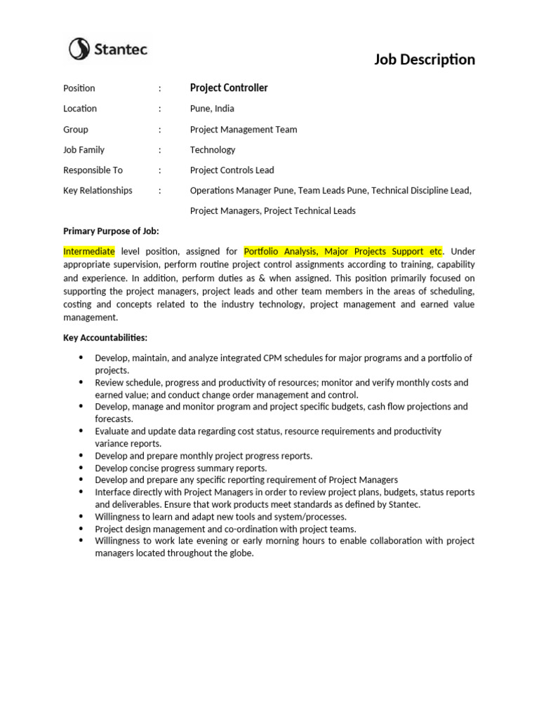 JD Project Controller | PDF | Project Management | Business