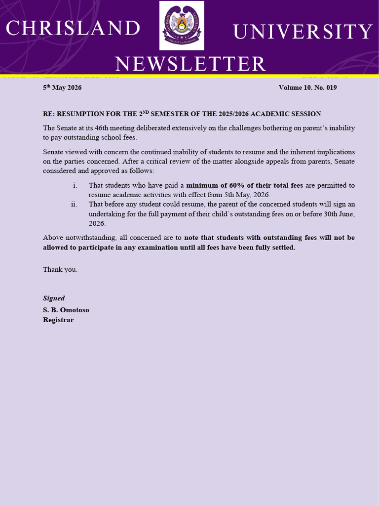 Re Resumption for the 2nd Semester of the 2025 2026 Academic Session | PDF