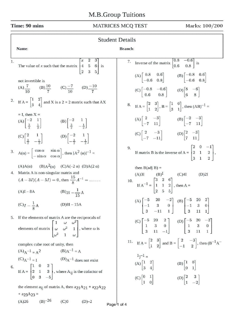 Matrices Mcq Test Question Paper | PDF