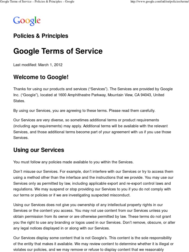 Google Terms of Service Policies & Principles PDF Copyright Google