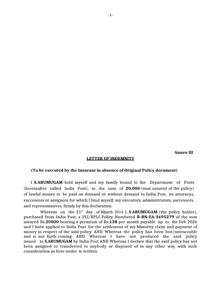 Letter of Indemnity For Maturity - Survival Claim | PDF | Civil Law ...