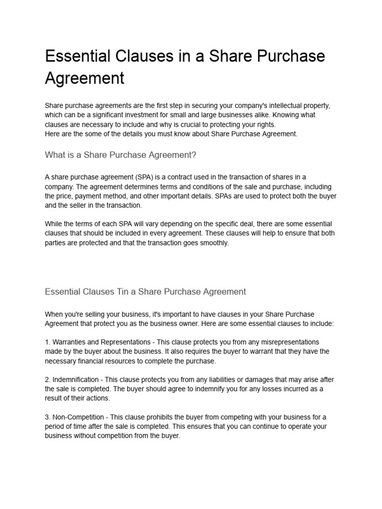 D2.5 Essential Clauses in a Share Purchase Agreement | PDF | Indemnity ...