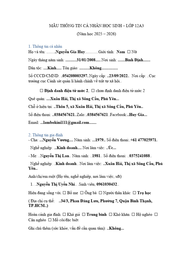 Mau Thong Tin Hoc Sinh 12A3 | PDF