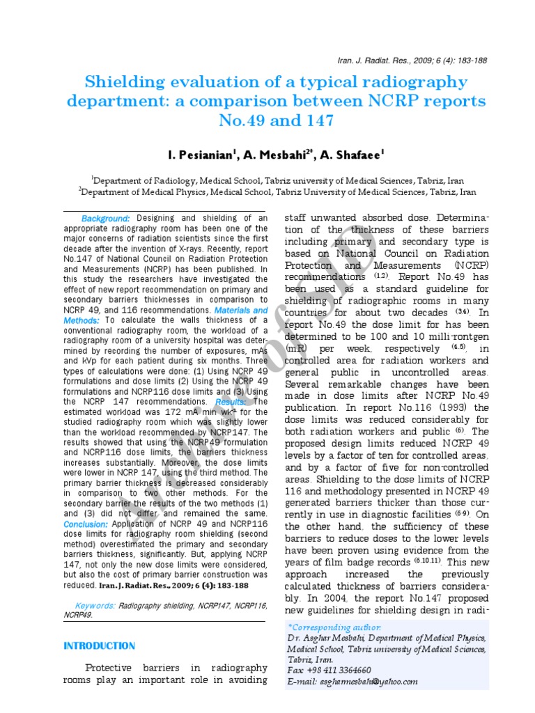 Shielding Thickness Calculation Radiation Protection Ionizing Radiation