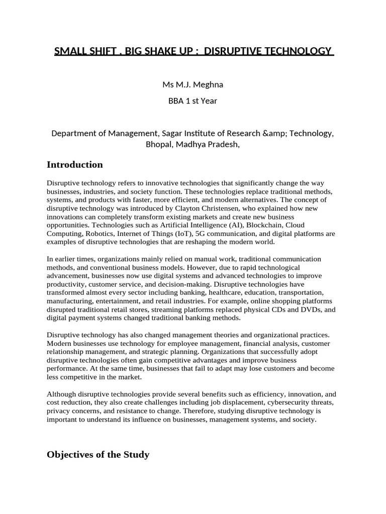 DISRUPTIVE TECHNOLOGY FINAL PAPER | PDF | Disruptive Innovation ...