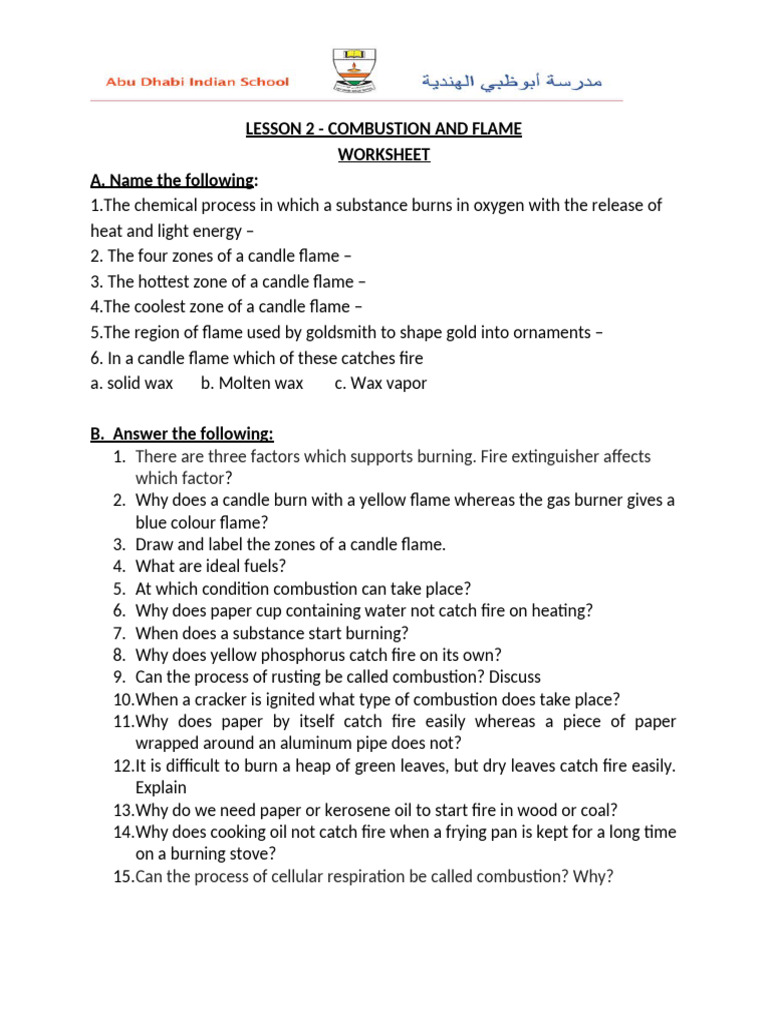 Combustion Flame - Worksheet (1) (1) | PDF