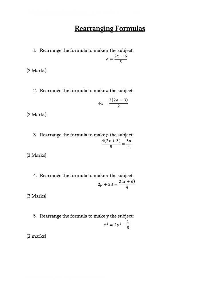 GCSE Maths Revision Rearranging Formulas Questions | PDF