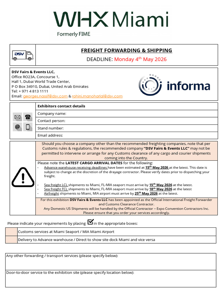 Freight Fowarding Form - WHX Miami 2026 | PDF | Cargo | Freight Transport