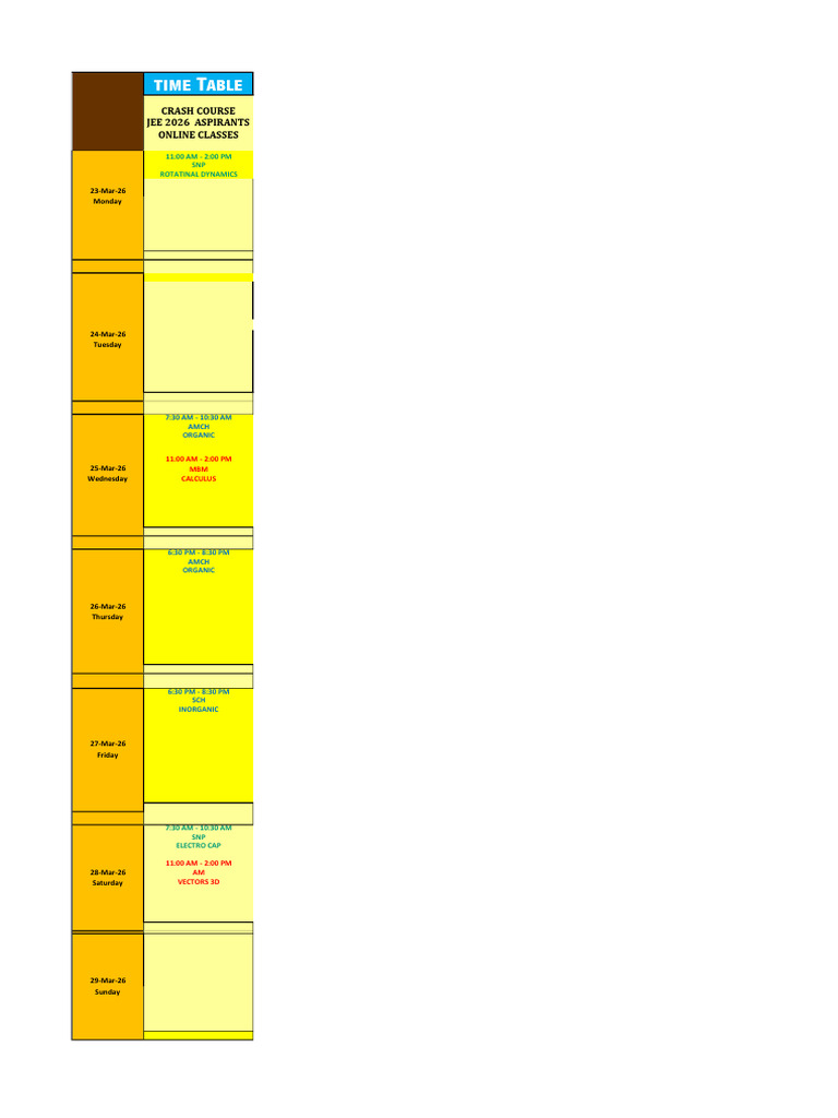 Crash Course Time Table (Online) | PDF