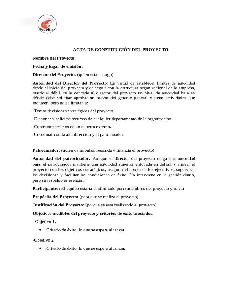 Plantilla de Acta de Constitución de Un Proyecto - PROVITAN | PDF ...