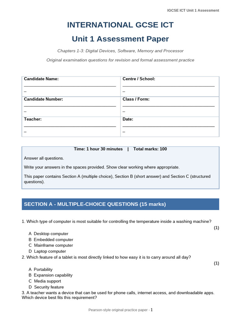 IGCSE ICT Unit1 2 3 4 Assessment | PDF | Read Only Memory | Computer ...