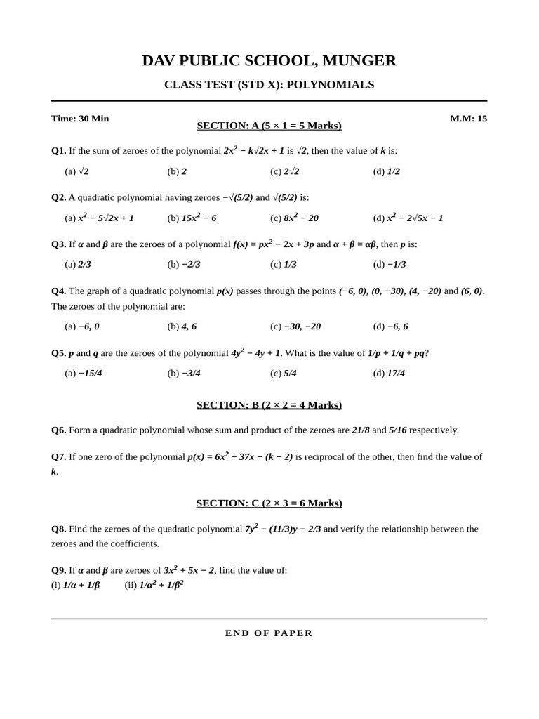 Class Test Polynomials Std X | PDF