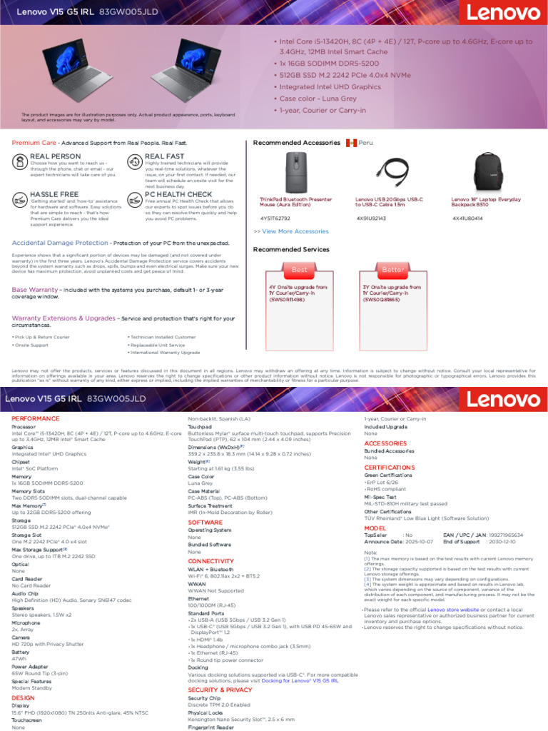 Lenovo V15 G5 IRL-83GW005JLD | PDF | Usb | Consumer Electronics
