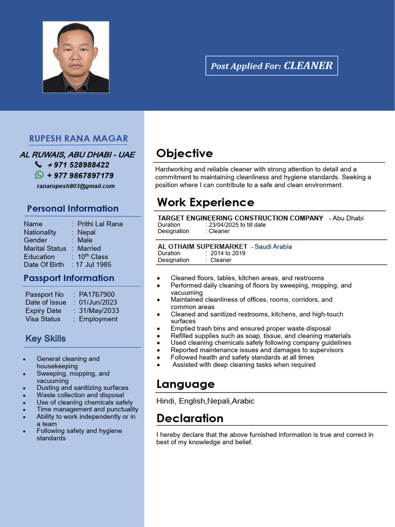Rupesh Rana Magar Cleaner Cv | PDF | Housekeeping | Hygiene