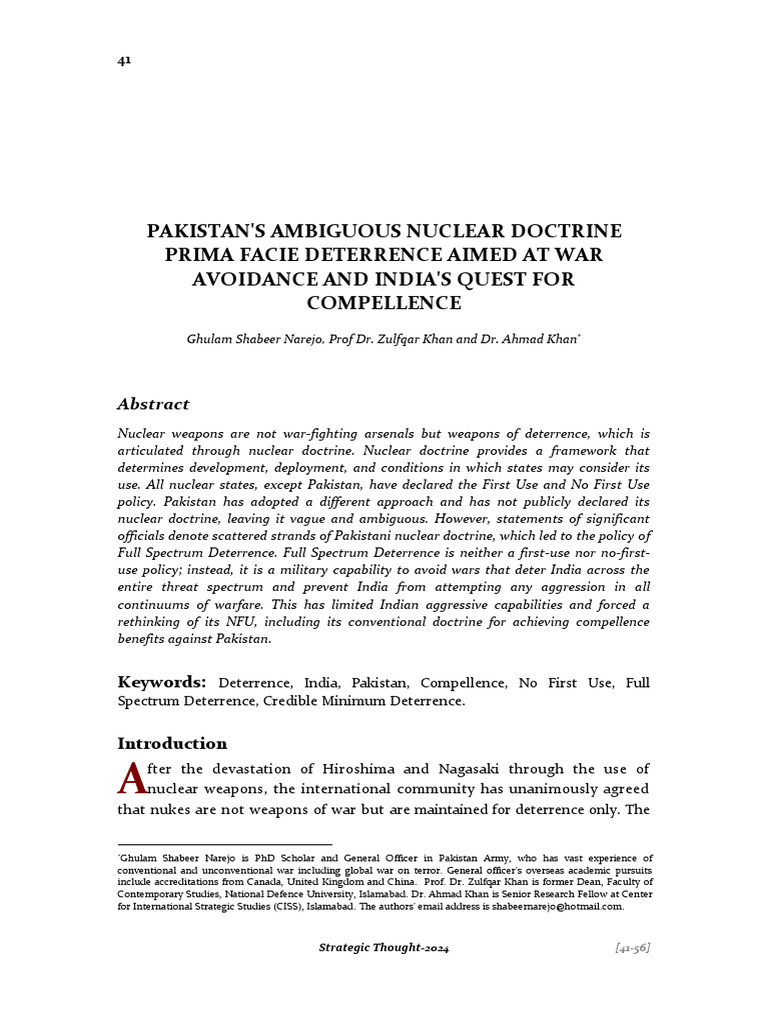 Pakistan'S Ambiguous Nuclear Doctrine Prima Facie Deterrence Aimed at ...