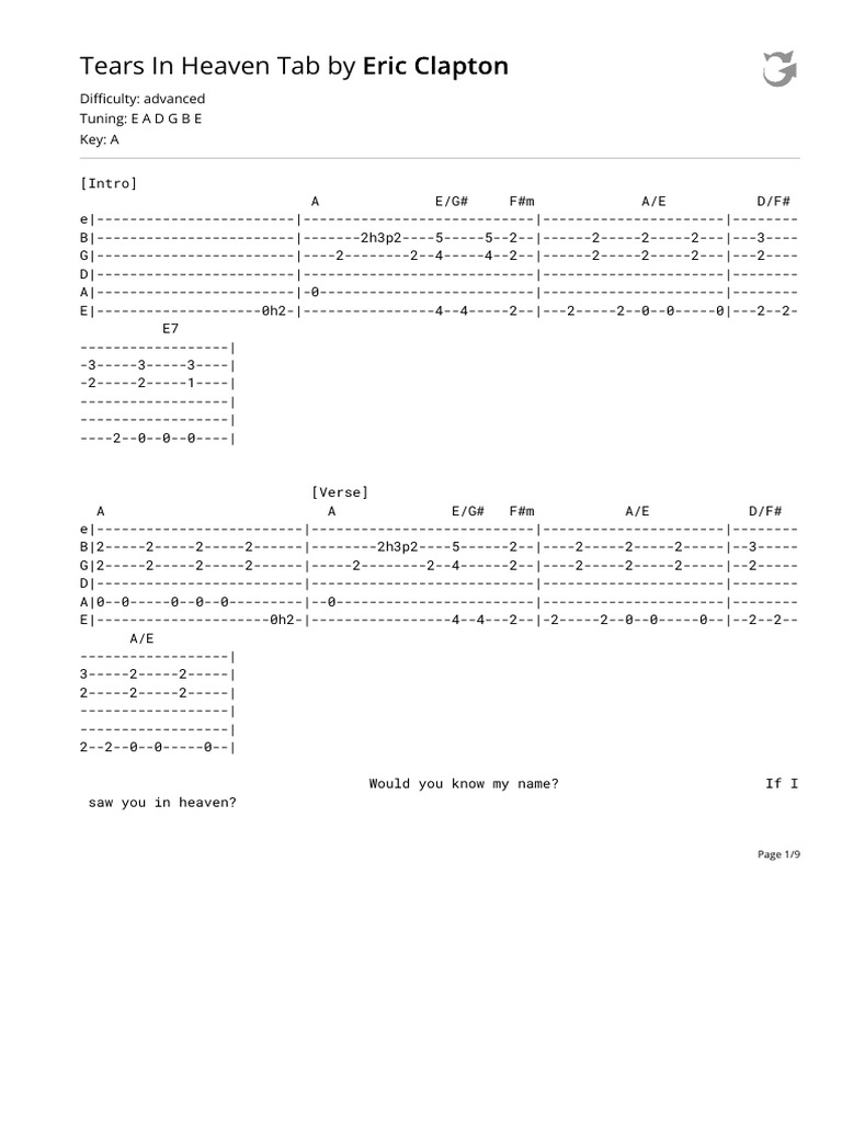 Tears in Heaven Tab by Eric Claptontabs at Ultimate Guitar Archive | PDF | Music Industry