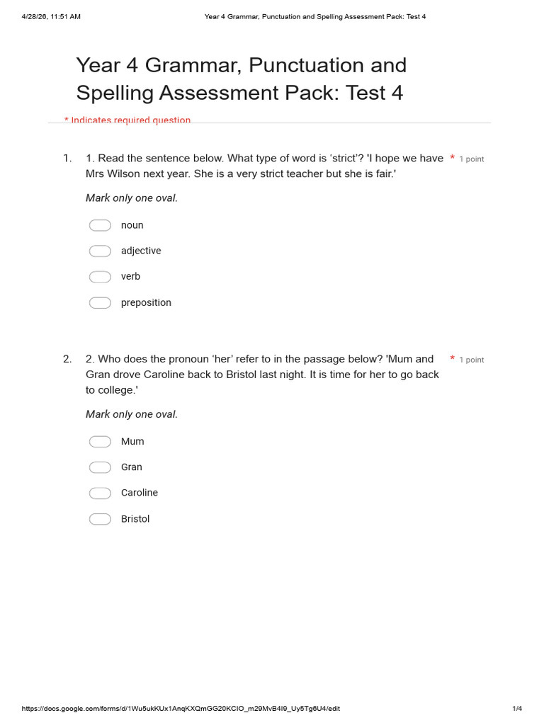 Test 4 Year 4 Grammar Punctuation and Spelling Assessment Pack - Google ...