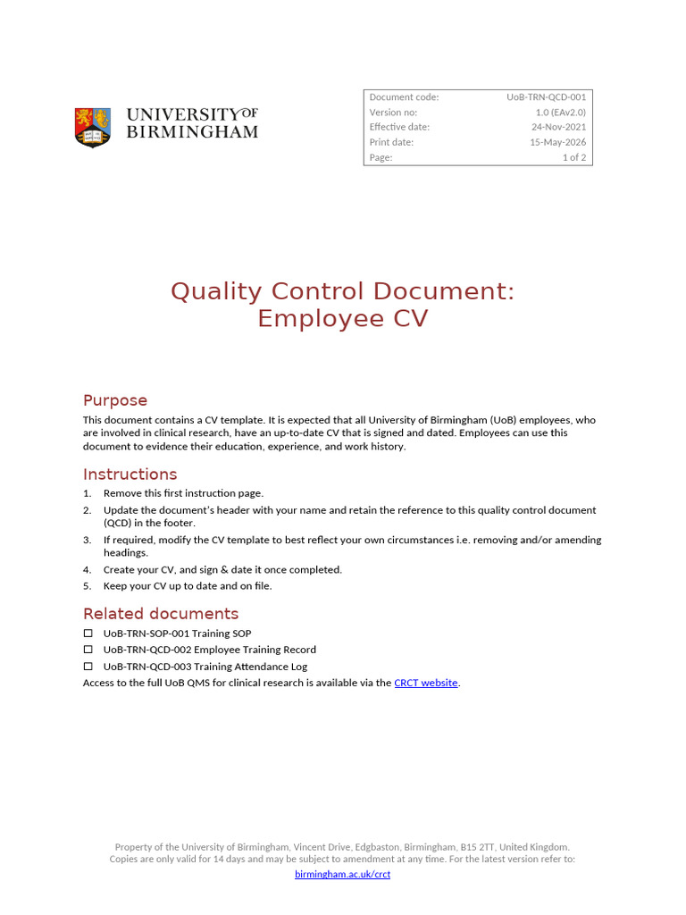 Uob TRN QCD 001 Employee CV Template | PDF