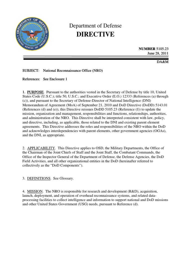 6 28 11 DOD Directive Director Of National Intelligence United