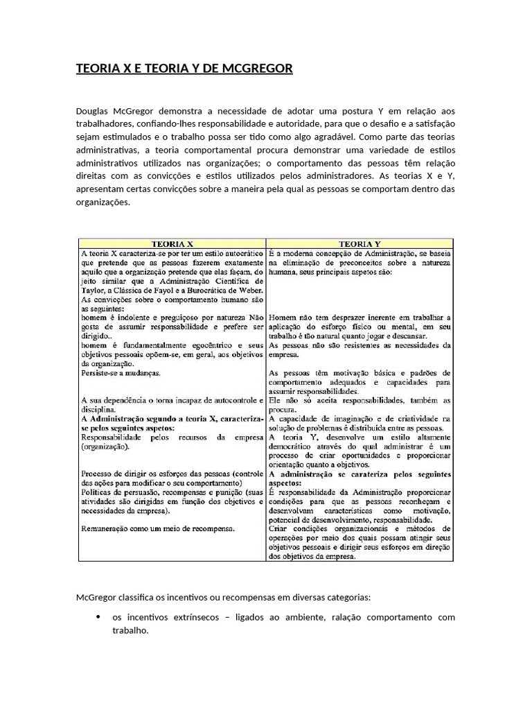 Teoria X e Teoria y de Mcgregor | PDF | Psicologia | Ciências ...