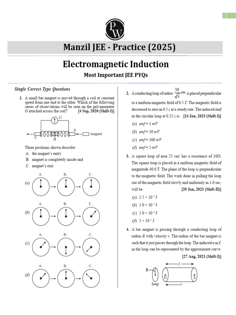 Electromagnetic Induction - PYQ Sheet (Questions) - Manzil JEE 2025 ...