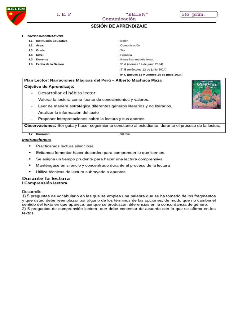 Sesión de Plan Lector | PDF | Comprensión lectora | Conocimiento