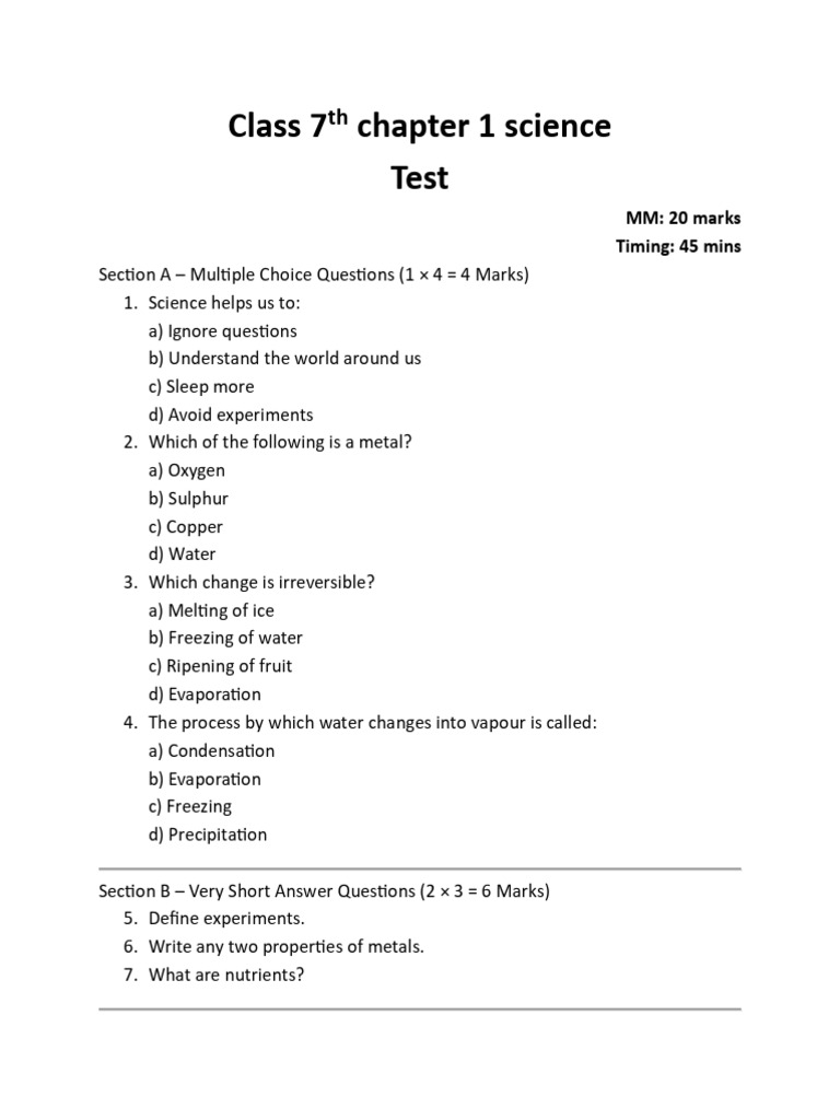 Class 7th Chapter 1 Science Test | PDF | Water | Water Cycle
