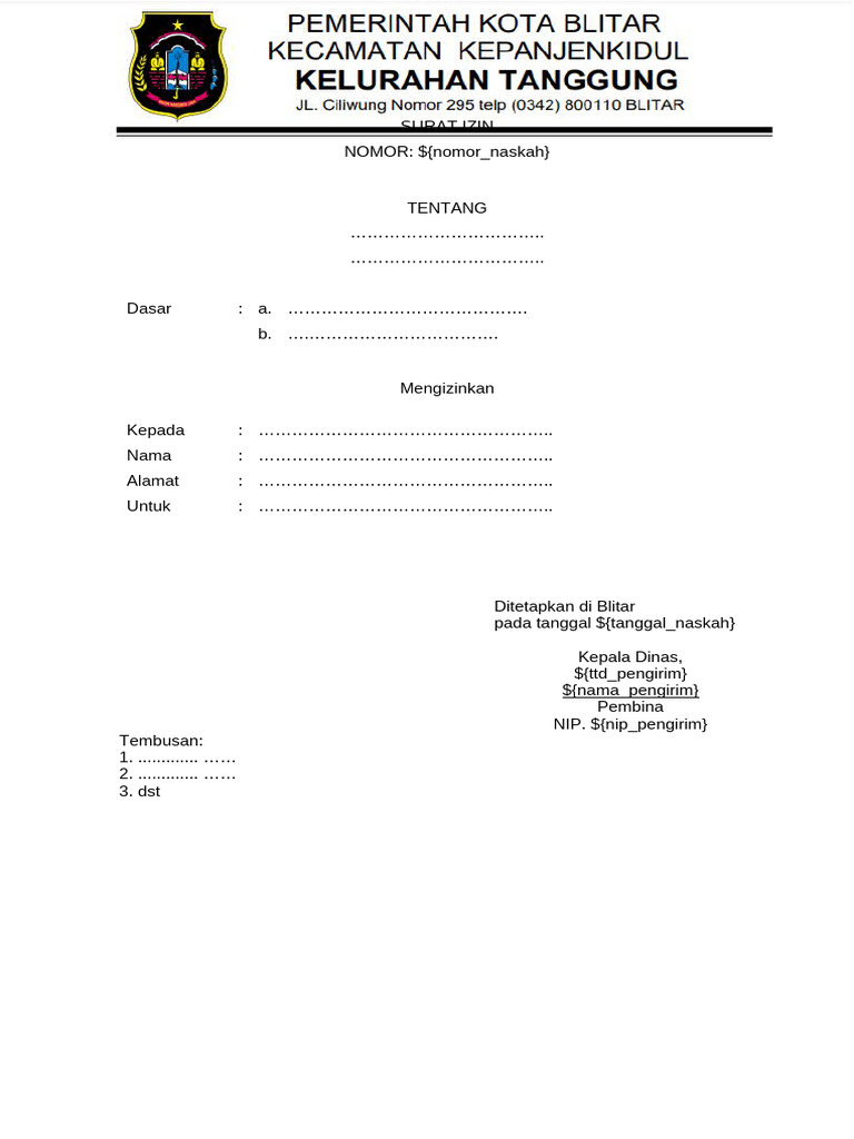 MASTER SURAT IZIN Kelurahan Tanggung.docx | PDF
