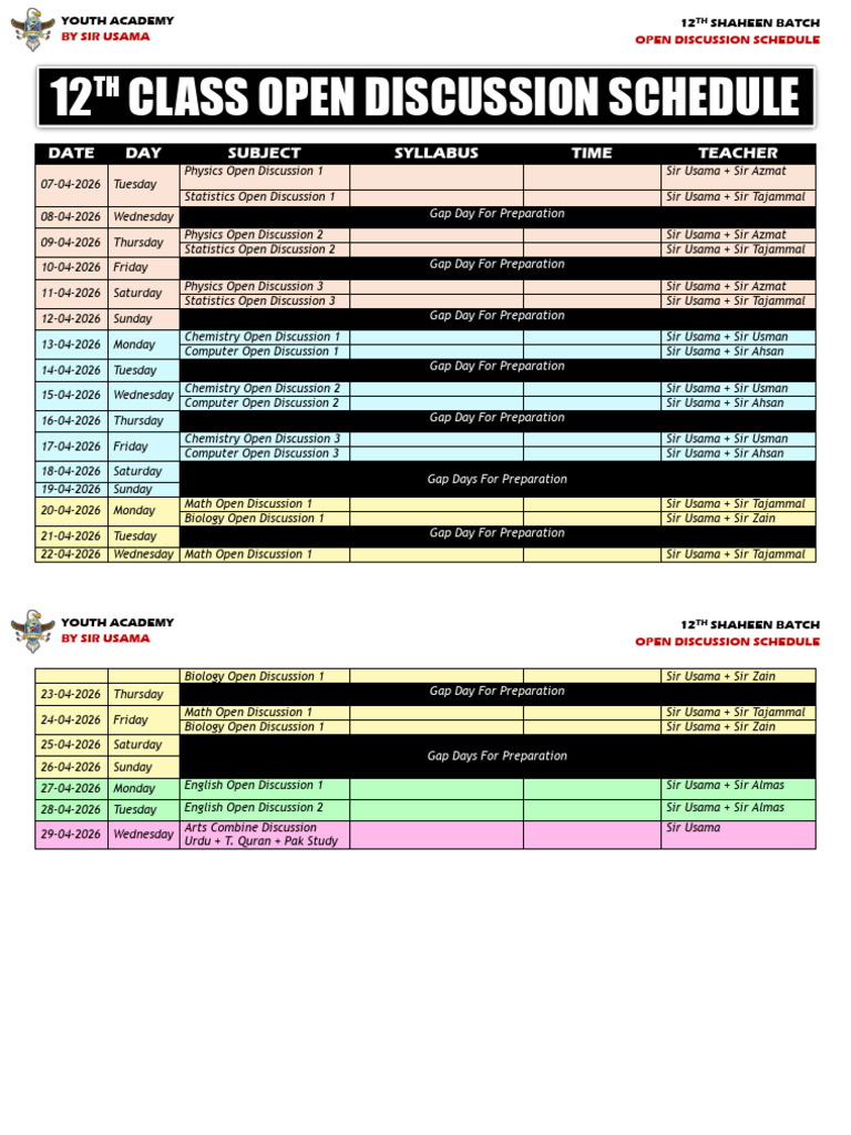 12th Class Open Discussion Schedule | PDF